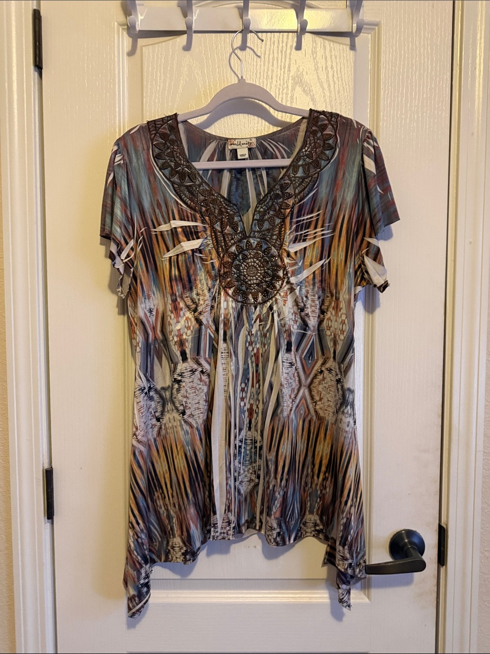 Embellished Multicolor Short Sleeve Tunic Top